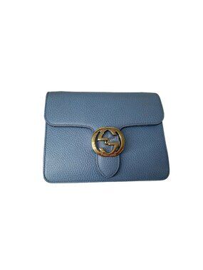 Gucci Small Interlocking G Shoulder Bag Light Blue Dollar Calfskin Gold Chain
